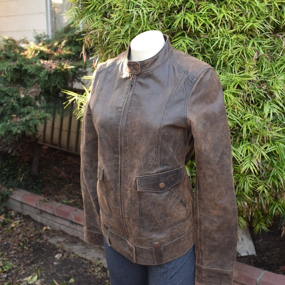 WOMEN'S FOX RIDERS LEATHER JACKET DISTRESSED - Picture 3 of 7
